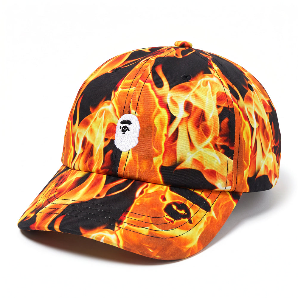 A Bathing Ape Flame Ape Head Baseball Cap - Orange / Black Fire Print