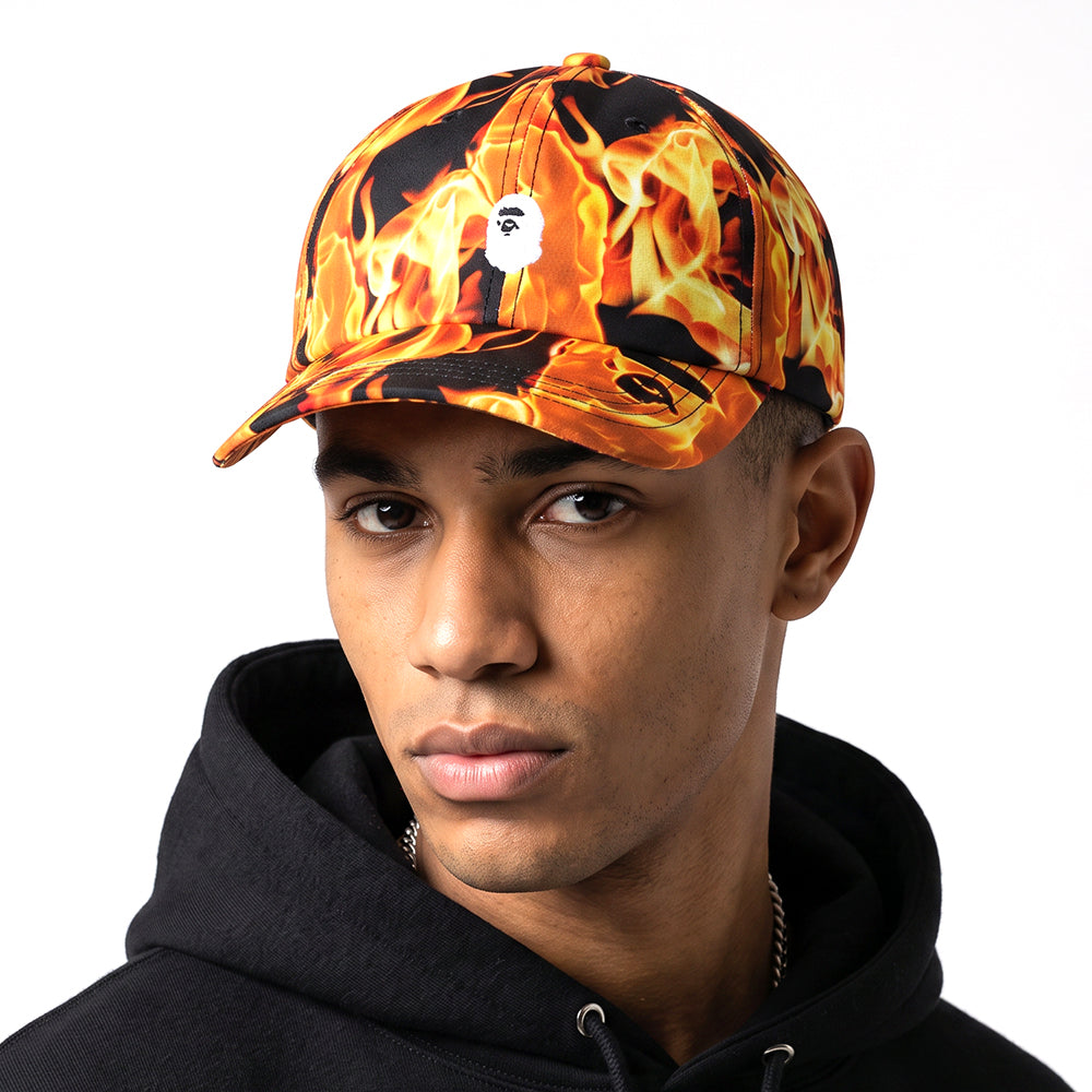 A Bathing Ape Flame Ape Head Baseball Cap - Orange / Black Fire Print