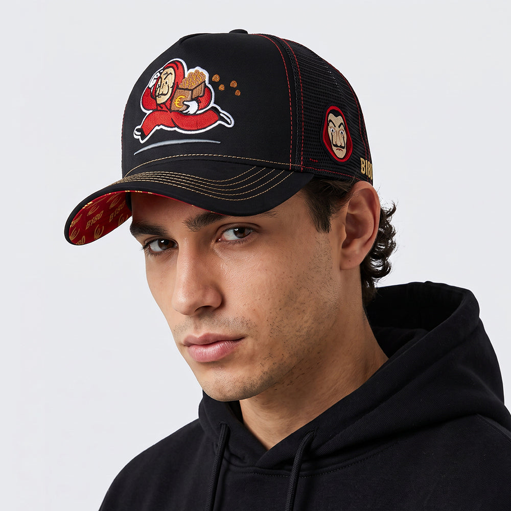 B180 Money Heist 4 Trucker Cap - Black / Red / Gold